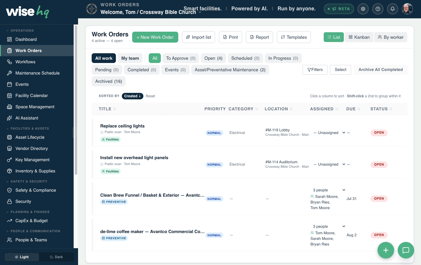 The WiseHQ work-order list: repairs and preventive tasks assigned across a real team, with priorities, teams, and status at a glance